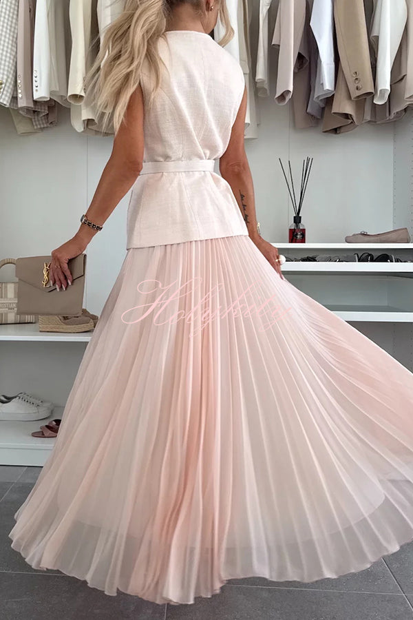 Relaxed and Elegant Round Neck Button Up Belted Pocket Loose Vest