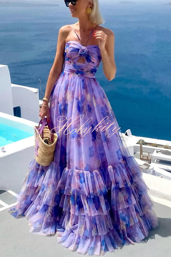 Dreamy Clouds Tulle Printed Rose Detail Cutout Ruffles Tiered Halter Maxi Dress