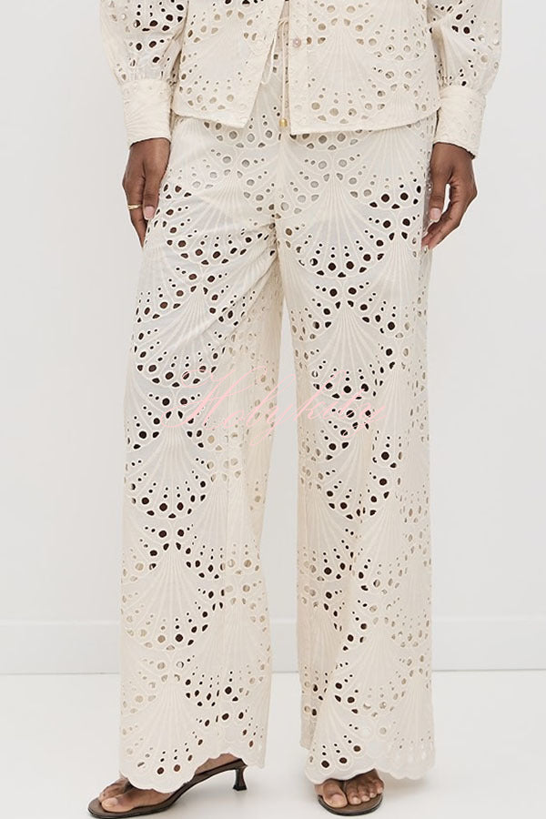 Lillah Embroidered Lace Shell Pattern Elastic Waist Pocket Wide Leg Pants