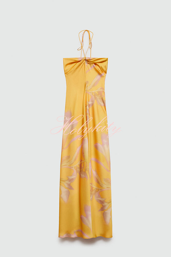 Catalina Island Satin Floral Print Twist Bust Halter Maxi Dress