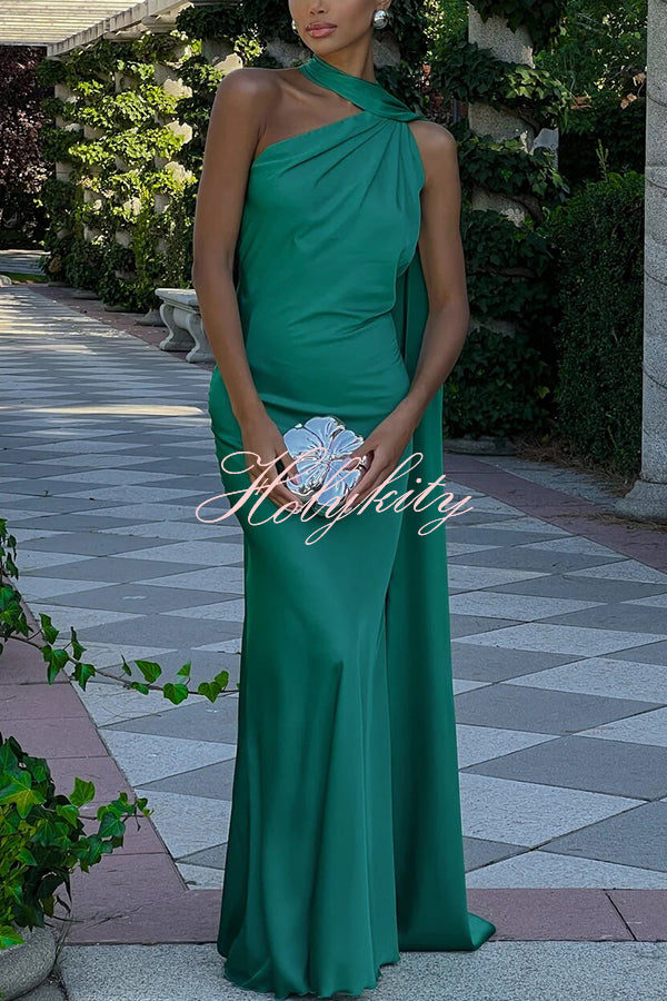 Crush on You Satin One Shoulder Backless Cape Maxi Dress