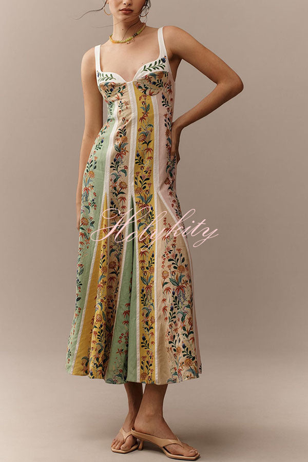 Sweet Garden Linen Blend Color Block Floral Paneled Maxi Dress