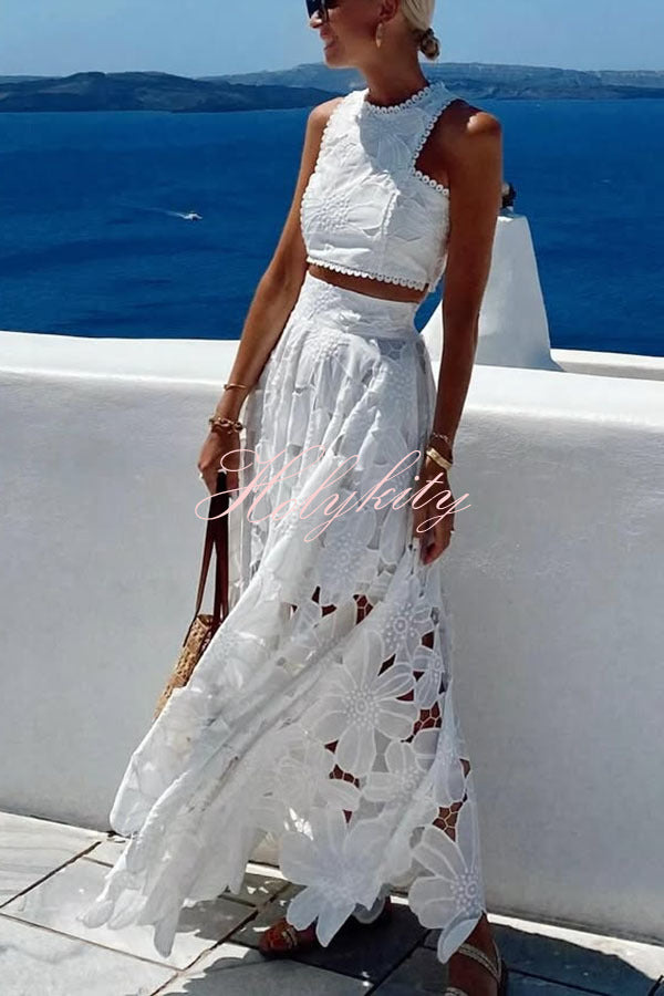 Next Trip Floral Embroidery Crochet Lace Elastic Waist Pocket Maxi Skirt