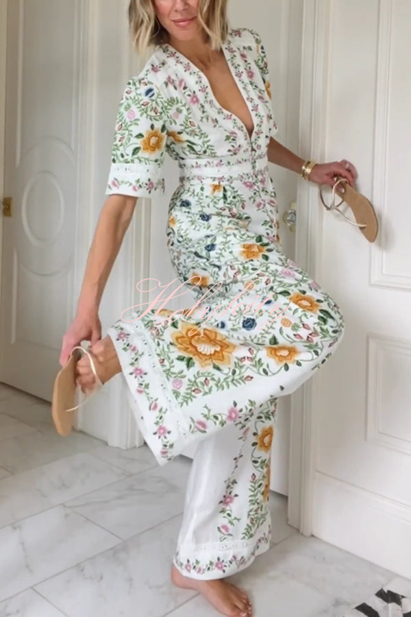 Natural Charm Linen Blend Floral  Print Short Sleeve Pocketed Wide Leg Jumpsuit