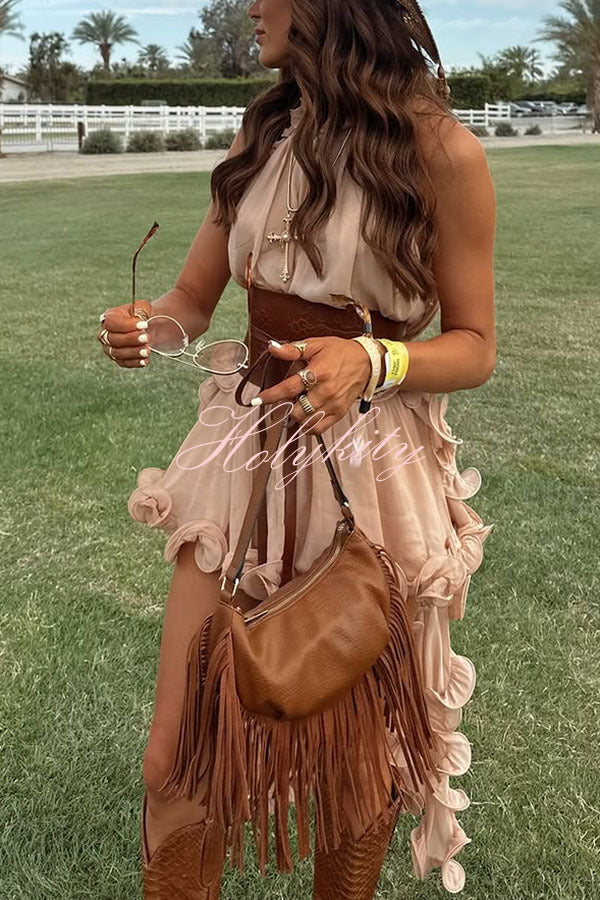 Romantic Drama Chiffon Wavy Ruffles Halter Irregular A-line Top