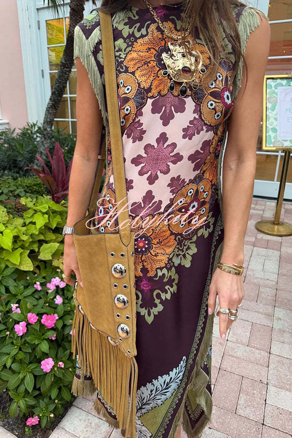 Bohemian Style Floral Print Tassel Trim Irregular Hem Slit Scarf Midi Dress