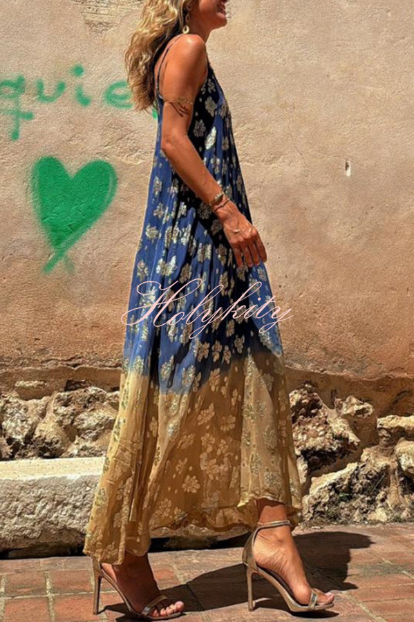 Bianca Tie Dye Gradient Flower Print Pocketed A-line Slip Maxi Dress