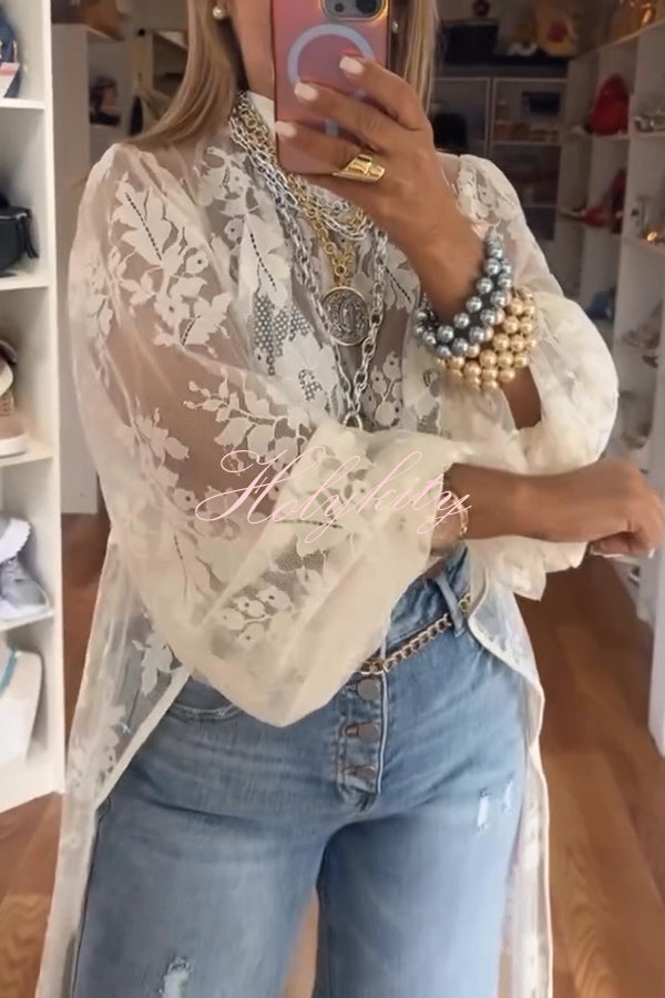 Tanya Lace Pattern Mock Neck Balloon Sleeve High Low Maxi Top