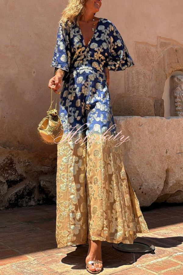 Avani Tie Dye Gradient Golden Flower Print Wide Sleeve Elastic Waist Jumpsuit
