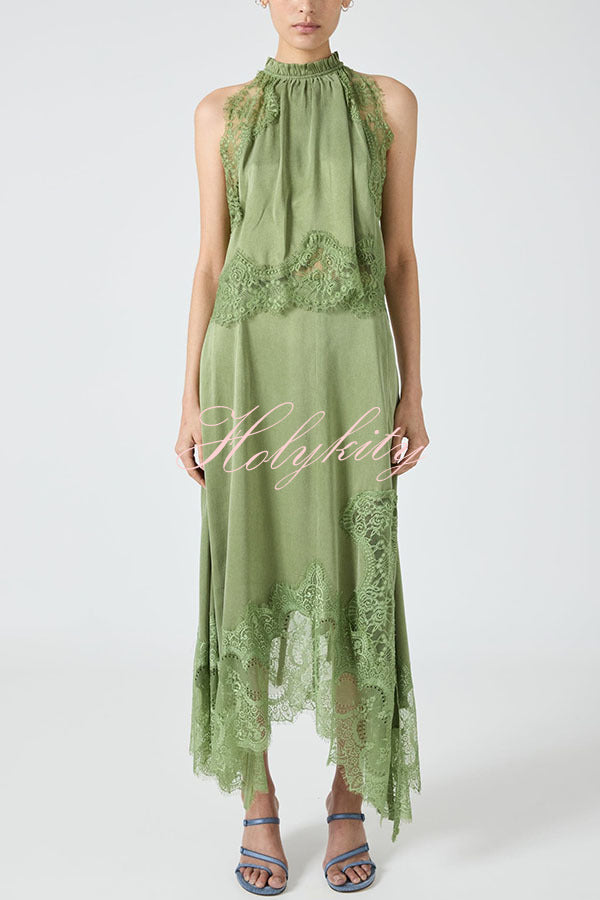 Modern Muse Satin Lace Trim Pleated Neck Top and A-line Irregular Slit Skirt Set