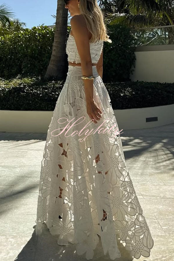 Next Trip Floral Embroidery Crochet Lace Elastic Waist Pocket Maxi Skirt