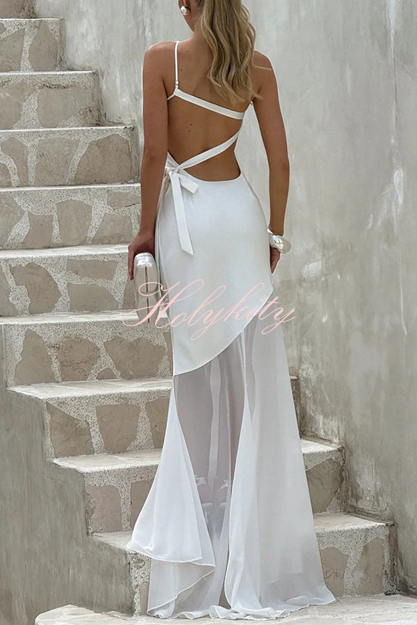 Fable Satin One Shoulder Back Adjustable Straps Contrast Chiffon Hem Maxi Dress