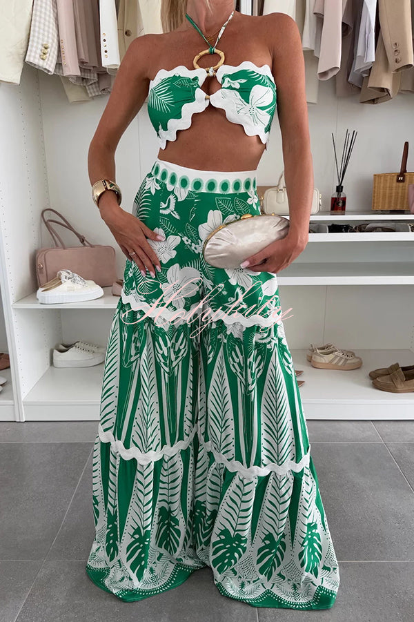 Cassie Ric Rac Trims Unique Print Halter Ring Tank and High Rise Wide Leg Pants Set