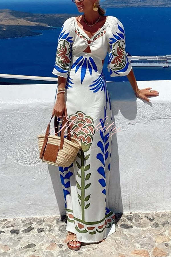 Linen Blend Unique Printed V-Neck Hollow Backless Lace-Up Holiday Maxi Dress