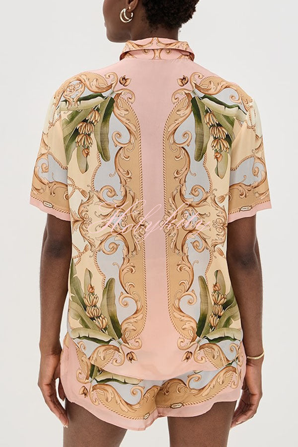 Royalty Unique Print Button Up Short Sleeve Shirt and Elastic Waist Pocketed Loose Shorts Set