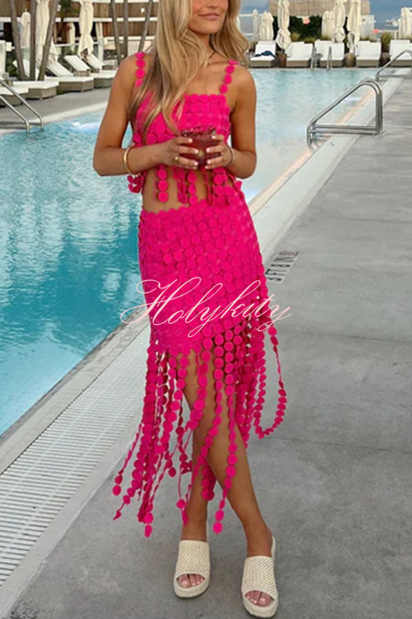 Caitlin See Through Circle Embroidery Elastic Waist Tassle Hem Maxi Skirt