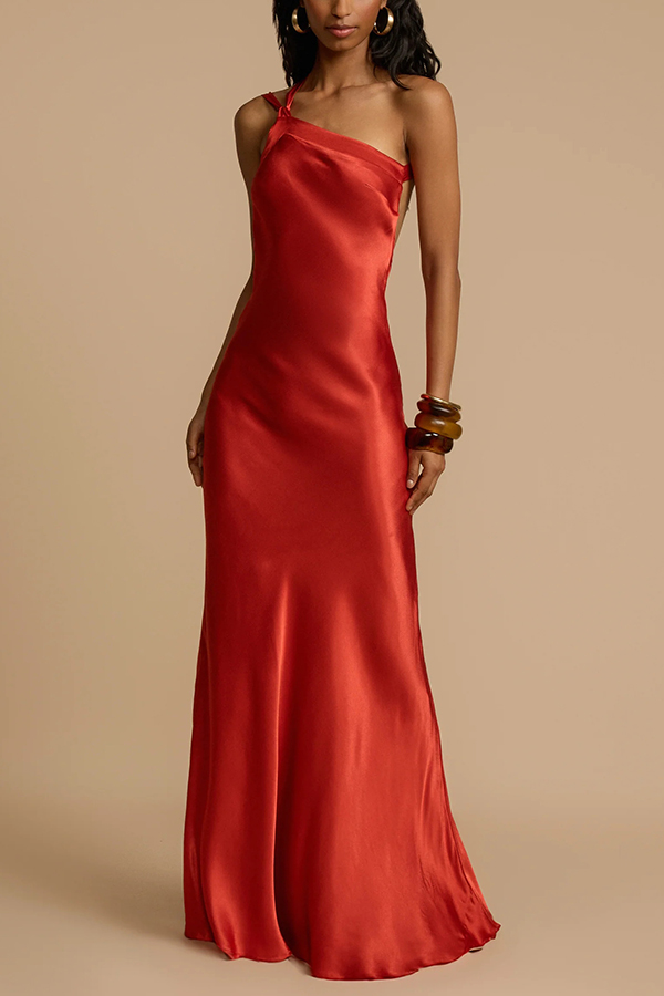 Moonlit Soiree Satin Asymmetrical One Shoulder Backless Strap Maxi Dress