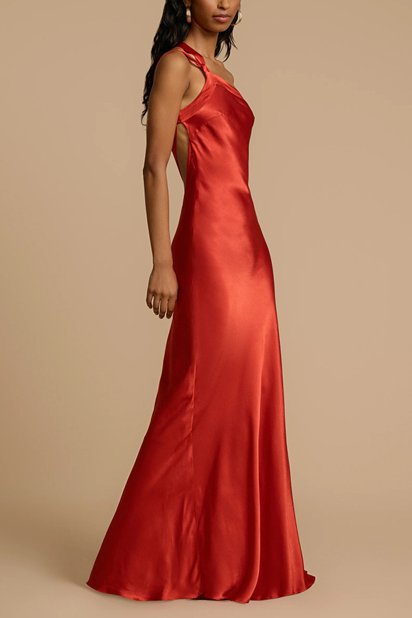 Moonlit Soiree Satin Asymmetrical One Shoulder Backless Strap Maxi Dress