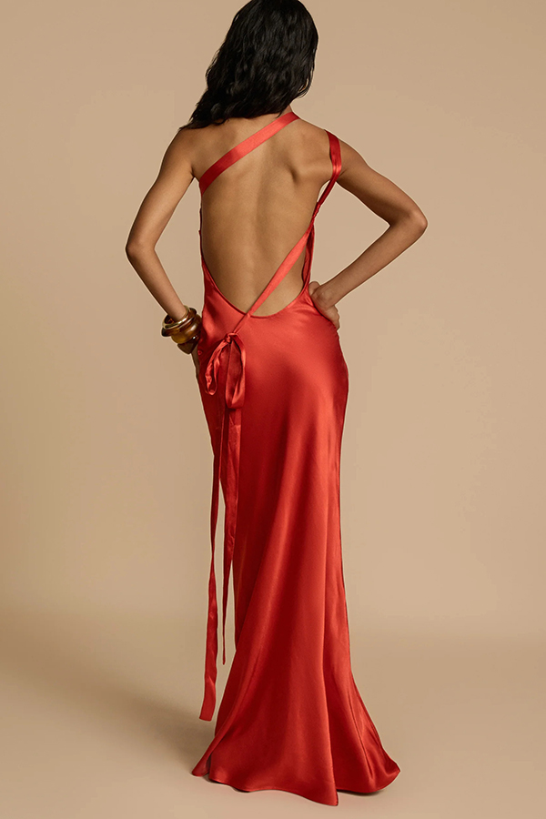 Moonlit Soiree Satin Asymmetrical One Shoulder Backless Strap Maxi Dress