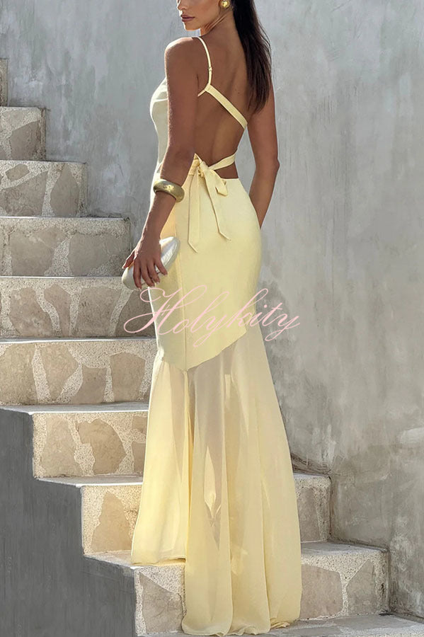 Fable Satin One Shoulder Back Adjustable Straps Contrast Chiffon Hem Maxi Dress