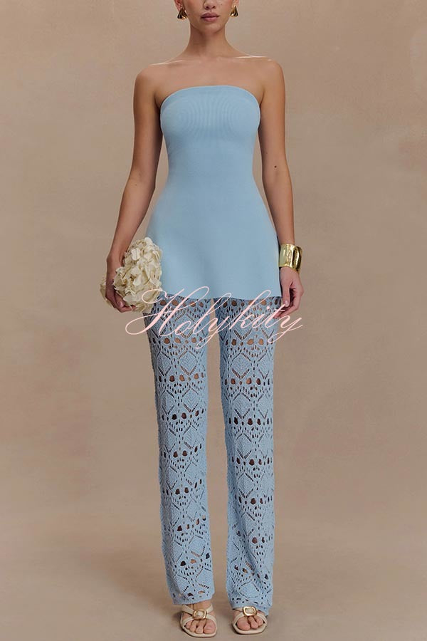 Trena Crochet Knit Hollow Mid Rise Stretch Wide Leg Pants
