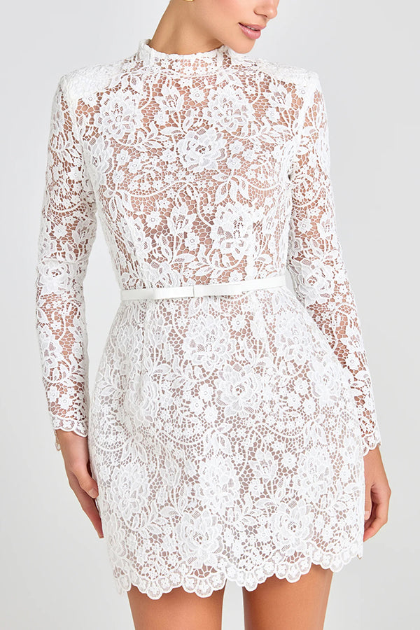 Champagne Toast Flower Lace Long Sleeve Bow Belted Mini Dress