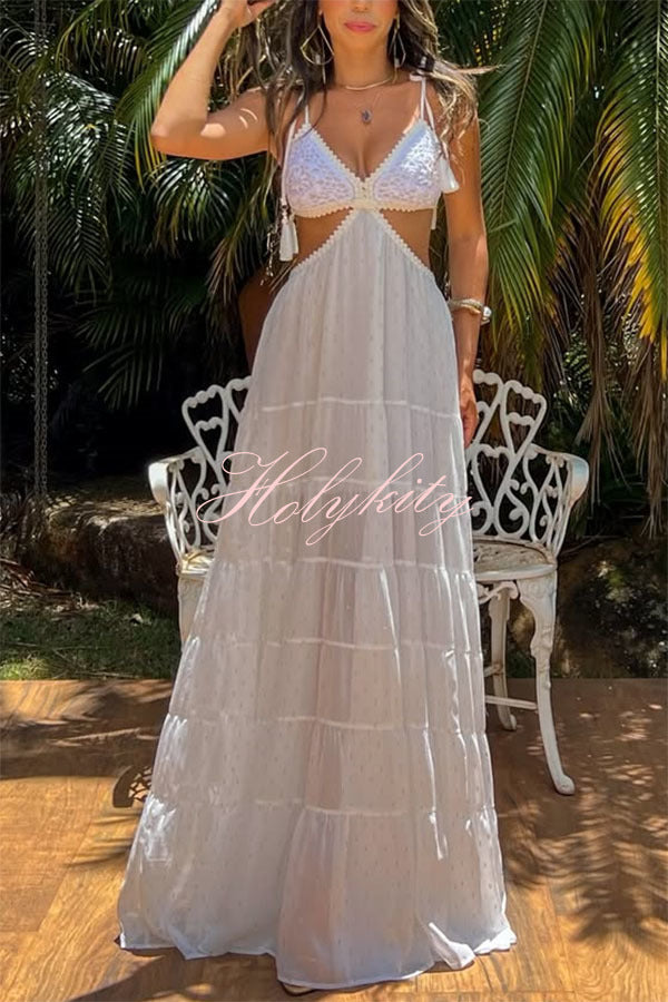 Soleil Crochet Tassel Shoulder Strap Cutout Waist Chiffon Polka Dot Vacation Maxi Dress
