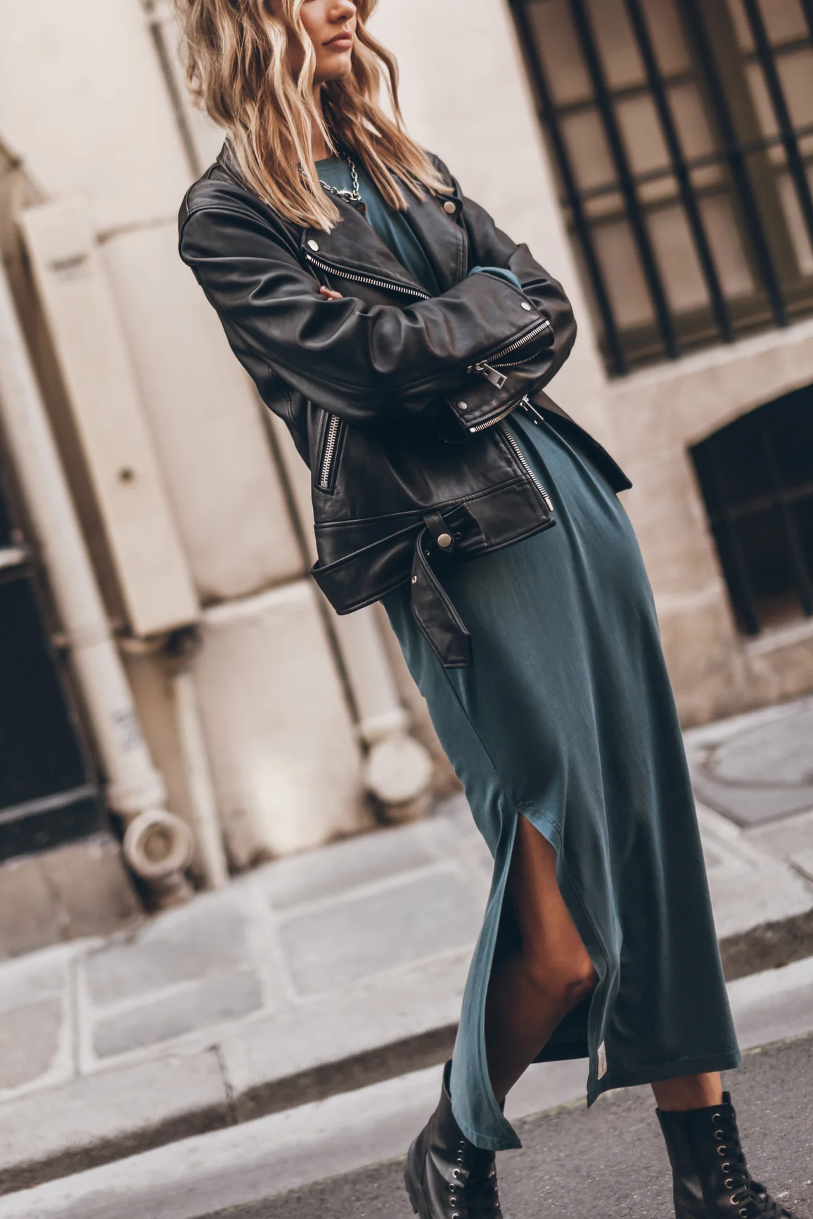 The Bedisse Cotton Blend Long Sleeve Relaxed Slit Midi Dress