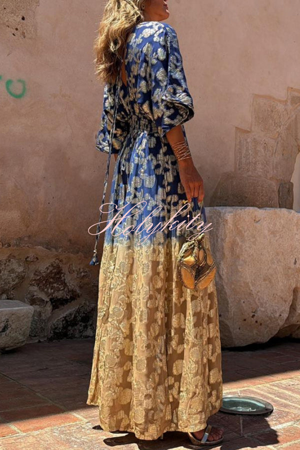 Avani Tie Dye Gradient Golden Flower Print Wide Sleeve Elastic Waist Jumpsuit