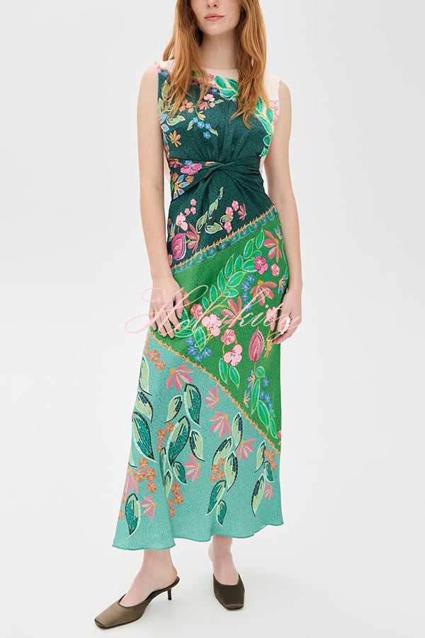 Gwen Satin Unique Print Round Neck Twisted Waist Maxi Dress