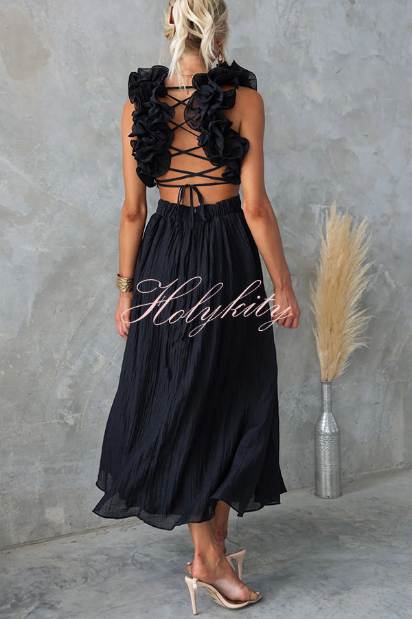 Luxe Lady Floral Ruffle Detail Back Lace-up Elastic Waist Maxi Dress