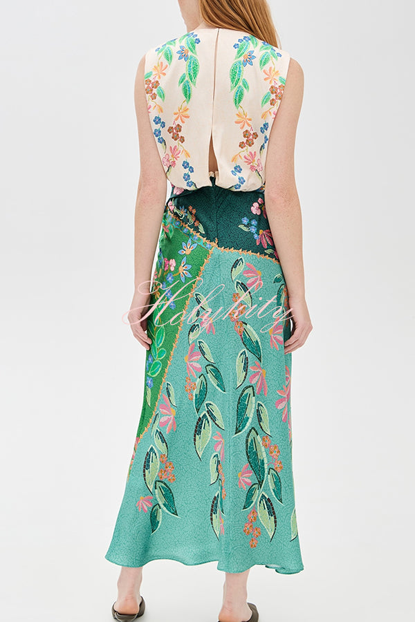 Gwen Satin Unique Print Round Neck Twisted Waist Maxi Dress