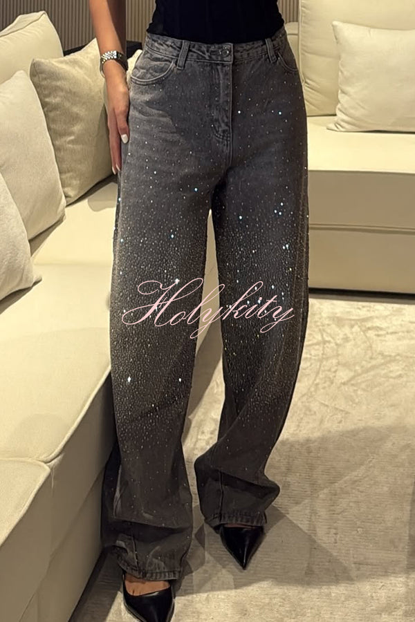 Fashion Star Rhinestone High Rise Casual Pocket Straight Loose Jeans