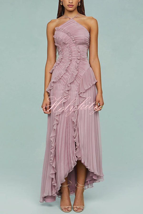 Dream Ode Lily Pad Style Pleats and Ruffles Halter Gown Maxi Dress