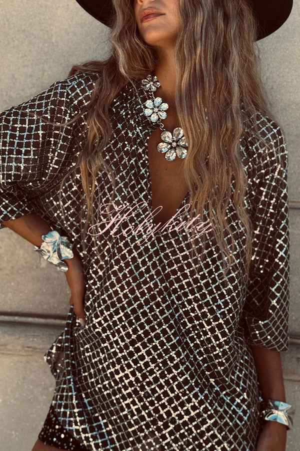 All about Glam Collar Sequin V-neck Half Sleeve Loose Top