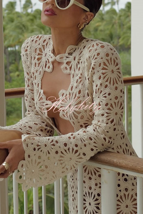 Easy Resort Knit Crochet Cutout Long Sleeve Reversible Vacation Maxi Dress
