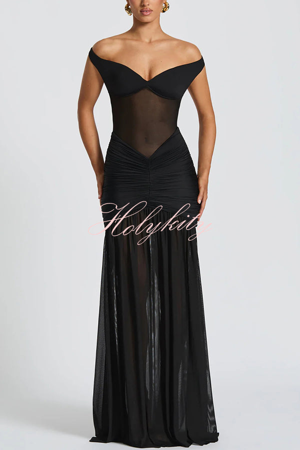Raise The Level Mesh Off Shoulder Ruched Scarf Stretch Maxi Dress