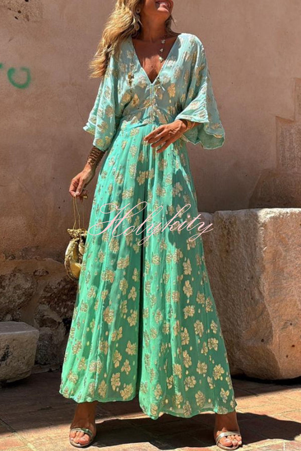 Avani Tie Dye Gradient Golden Flower Print Wide Sleeve Elastic Waist Jumpsuit