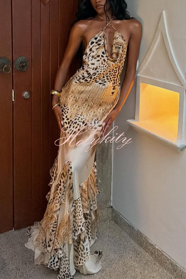 Coral Satin Leopard Print Halter Cowl Neck Exaggerated Ruffles Hem Maxi Dress