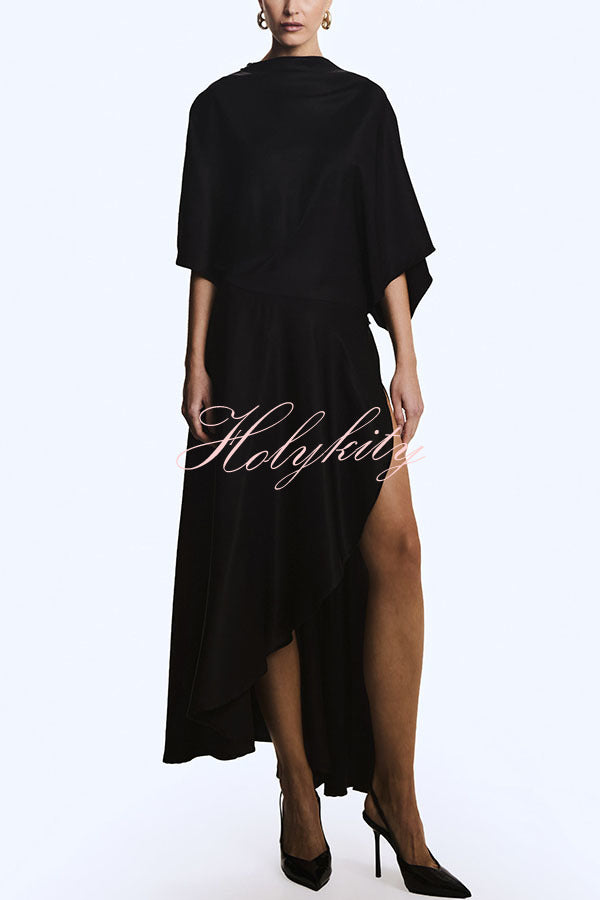 Modern and Elegant Satin Half Wide Sleeve Wrap Style Pocket Slit Loose Maxi Dress