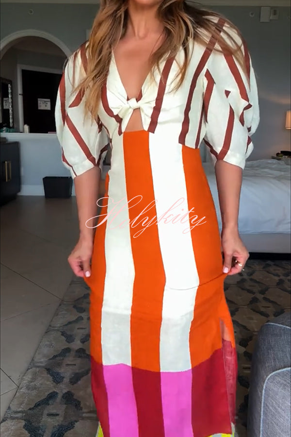 Kaya Linen Blend Color Block Print Front Cutout Knot Puff Sleeve Maxi Dress