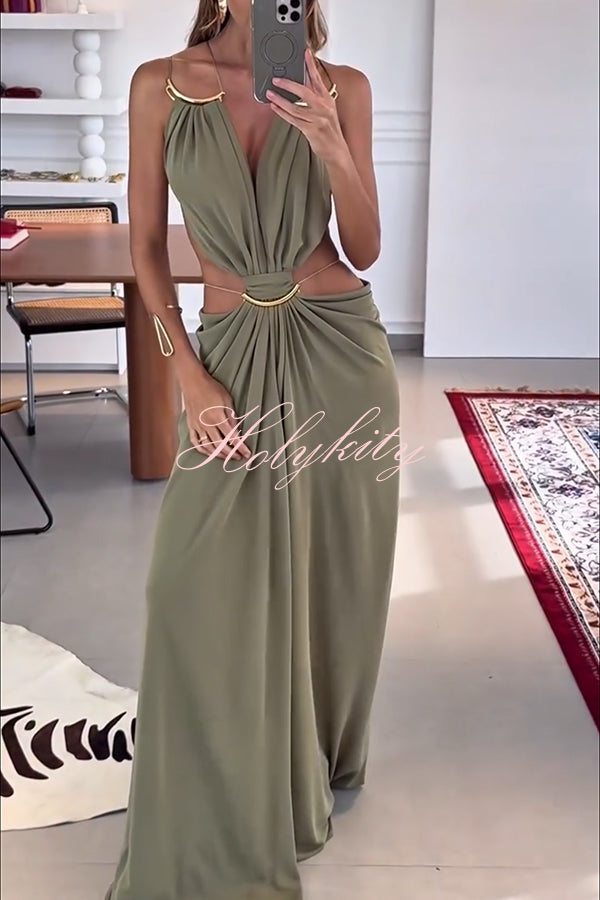 Athena Metal-Link Cutout Design Back Lace-up Drape Maxi Dress