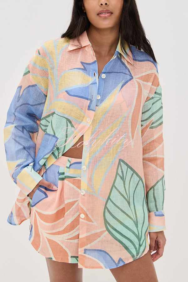 Bella Linen Blend Colorful Unique Print Long Sleeve Blouse and Elastic Waist Pocket Loose Shorts Set