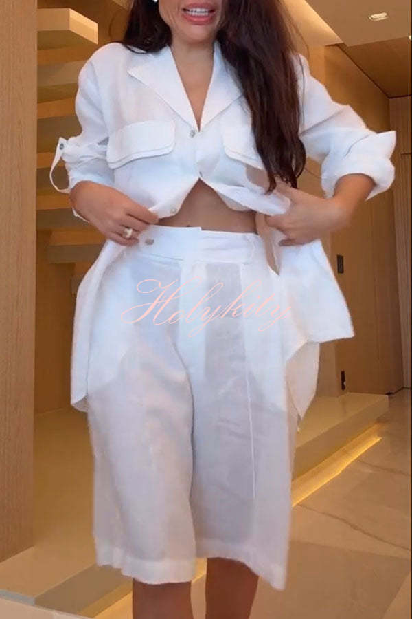 Solyn Linen Blend Double-layer Flap Long Sleeve Shirt and Elastic Waist Pocket Bahamian Shorts Set