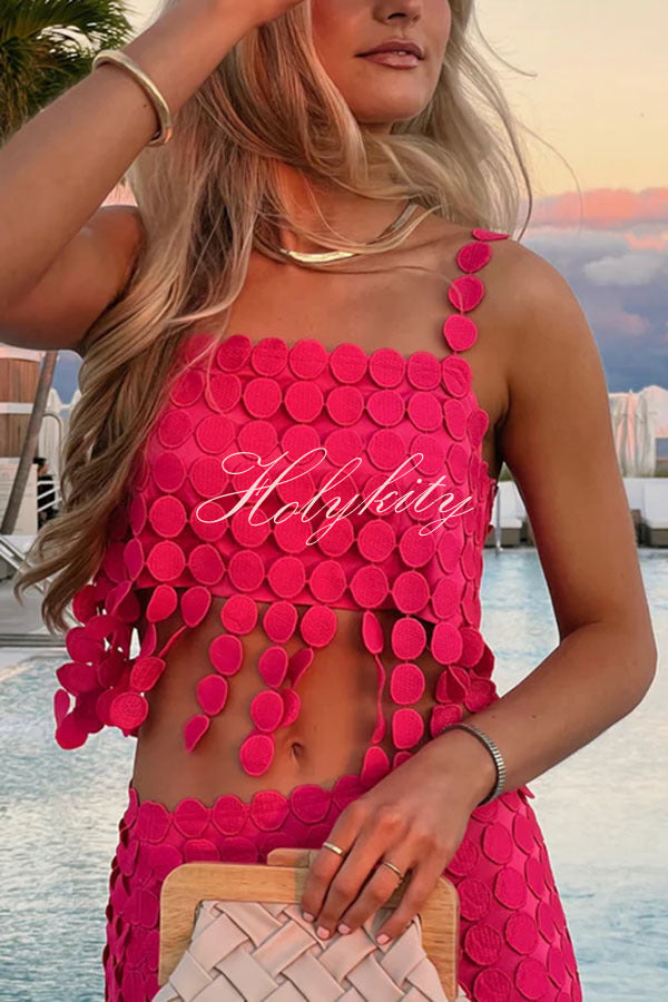 Caitlin See Through Circle Embroidery Square Neck Tassle Hem Slip Tank