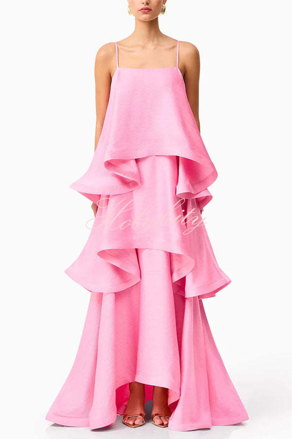 Soft and Smooth Satin Tiered Slip Square Neck A-line Maxi Dress