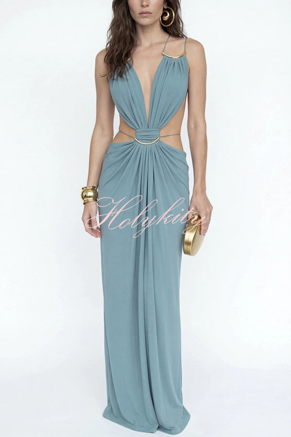 Athena Metal-Link Cutout Design Back Lace-up Drape Maxi Dress