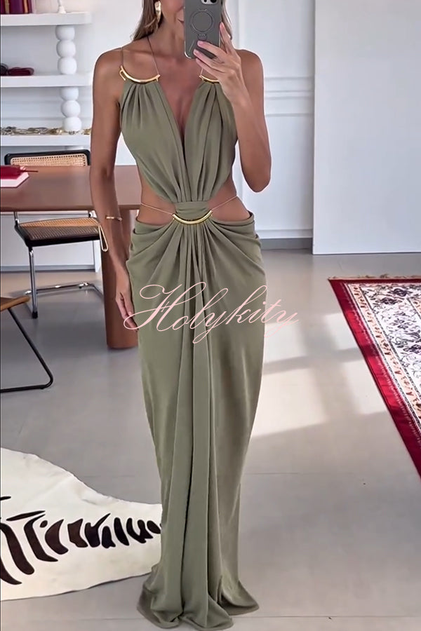 Athena Metal-Link Cutout Design Back Lace-up Drape Maxi Dress