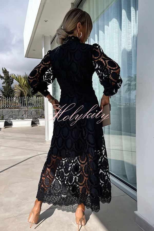 Romantic, Sensual and Elegant Crochet Lace Lantern Sleeve Party Midi Dress