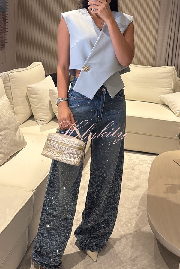 Fashion Star Rhinestone High Rise Casual Pocket Straight Loose Jeans